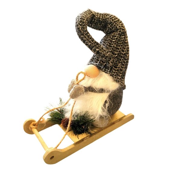 Gnome With Knitted Hat On Wooden Sled with Mistletoe VL1004 - Picture 1 of 6